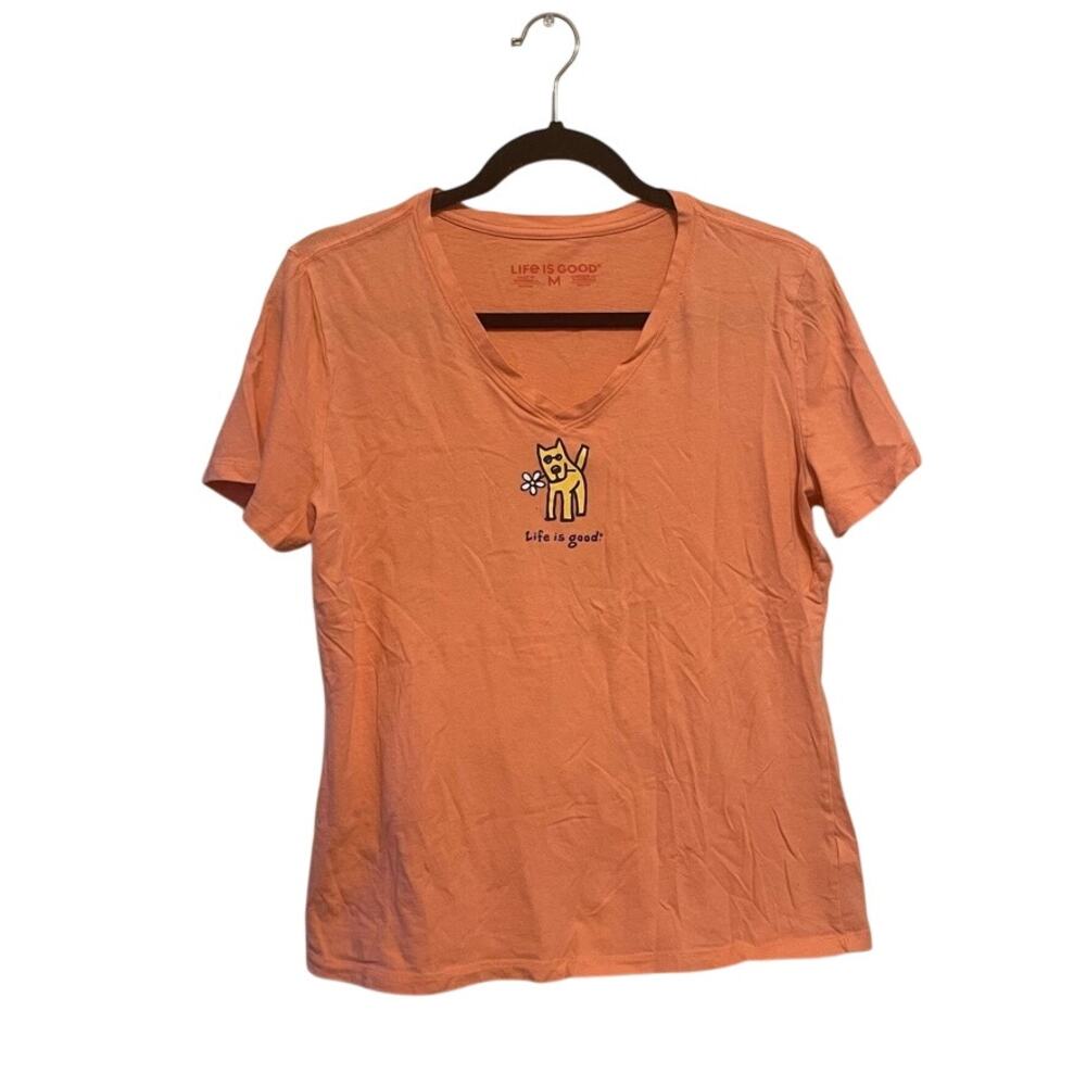 Life is Good Orange Rocket Dog and Daisy V-Neck Tee Size Medium